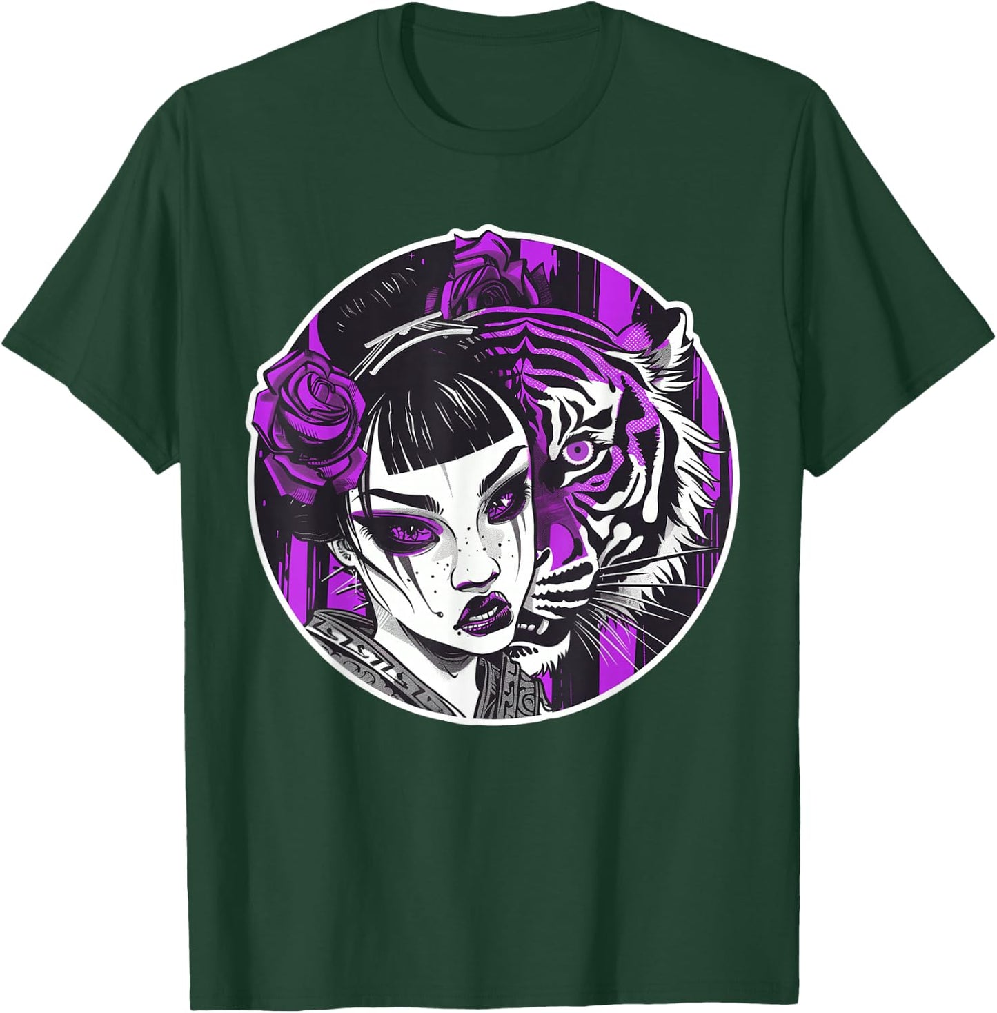 Kawaii Anime Geisha With Tiger Bliss For Otaku Enthusiasts T-Shirt - T-Shirt | Forest
