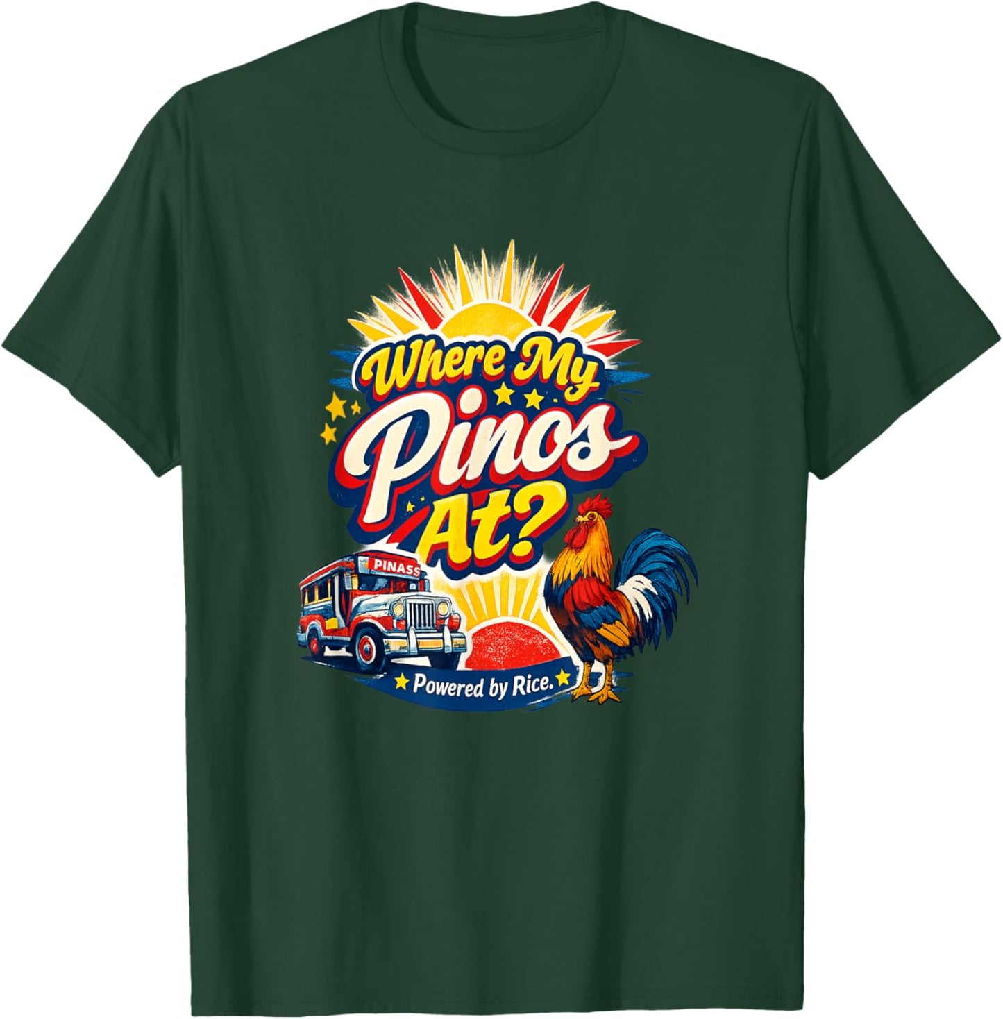 Where My Pinos At Powered by Rice Funny Filipino T-Shirt - T-Shirt | Forest