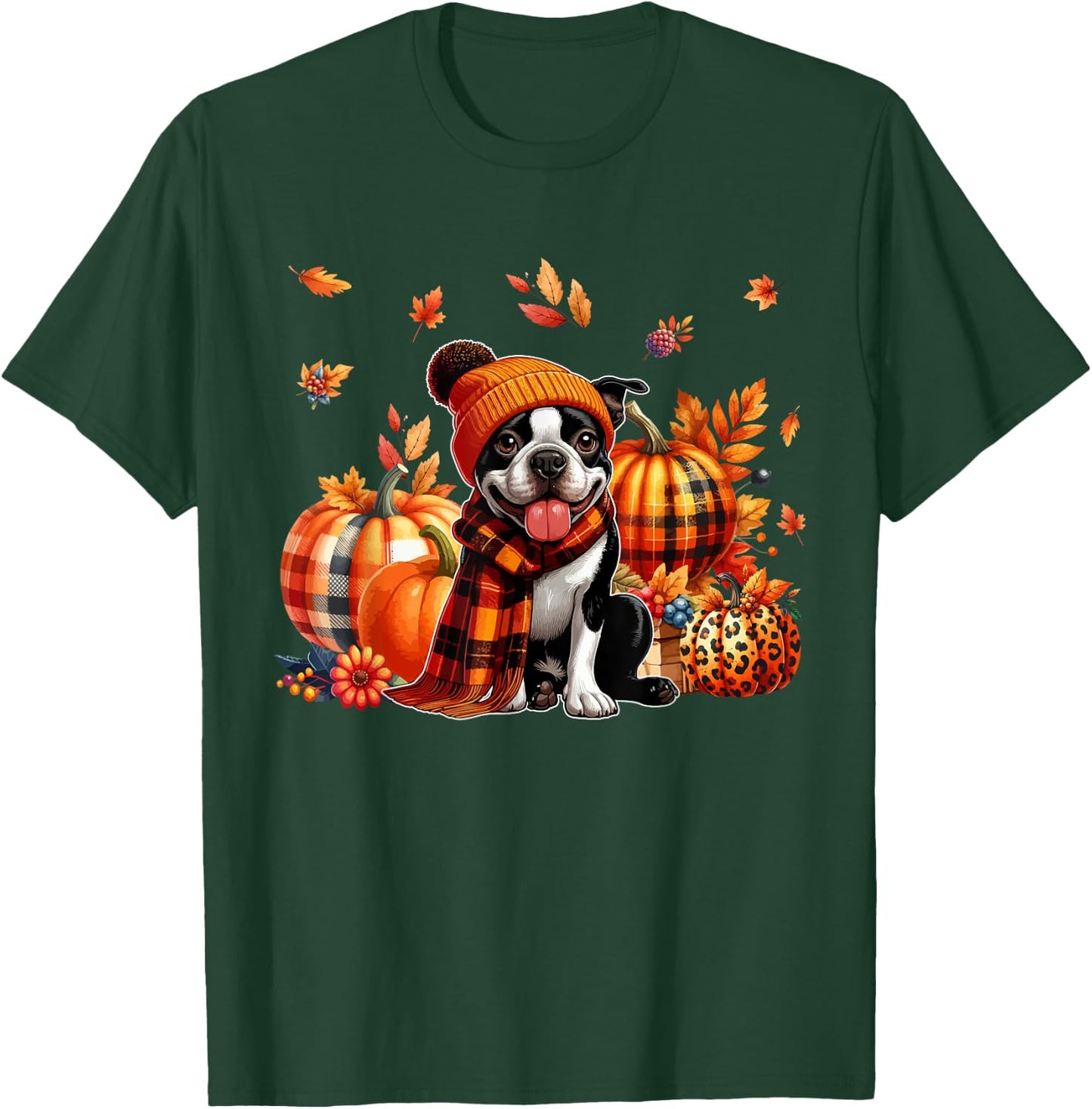 Boston Terrier Thanksgiving Leopard Pumpkins Fall Leaves T-Shirt - T-Shirt | Forest