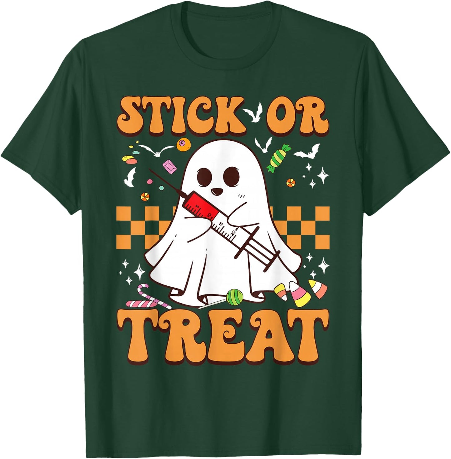 Retro Stick Or Treat Cute Ghost Nurse Phlebotomist Halloween T-Shirt - T-Shirt | Forest