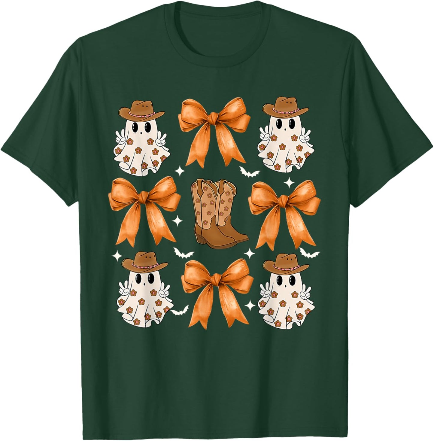 Coquette Bow Ghost Cowboy Western Spooky Season Halloween T-Shirt - T-Shirt | Forest