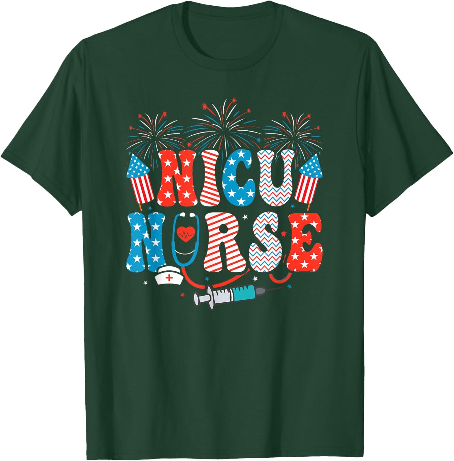 NICU Nurse 4th Of July American Flag Patriotic Nicu Nurse T-Shirt - T-Shirt | Forest
