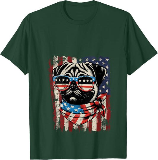 Women's 4th of July Dog Pug USA Flag Cute Patriotic Men Women Kids V-Neck T-Shirt - T-Shirt | Forest