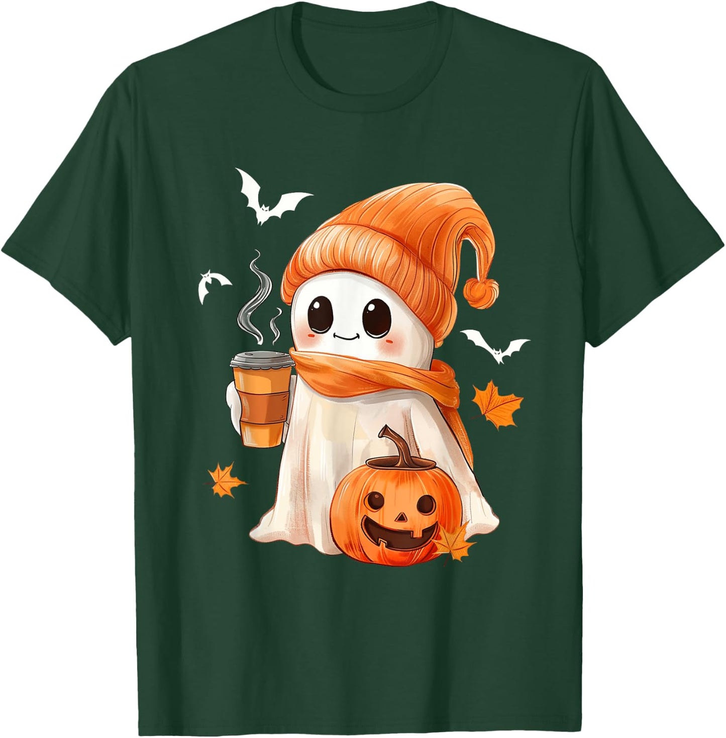 Cute Ghost Drinking Coffee Halloween Ghost Ice Coffee T-Shirt - T-Shirt | Forest