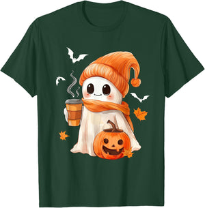 Cute Ghost Drinking Coffee Halloween Ghost Ice Coffee T-Shirt - T-Shirt | Forest