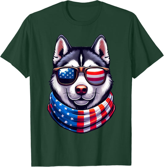 Siberian Husky USA Flag Sunglasses 4th of July Patriotic Dog T-Shirt - T-Shirt | Forest