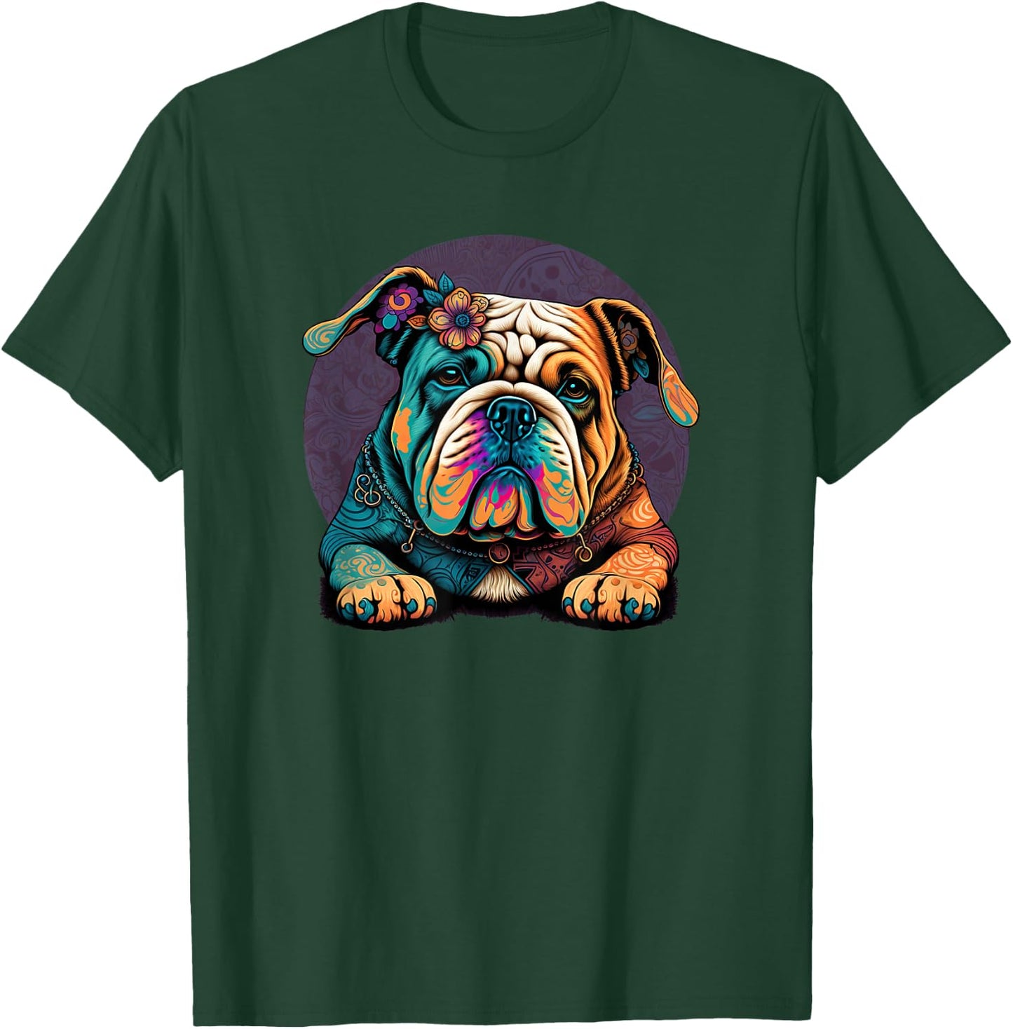 Funny Bulldog Dog Hippie T-Shirt - T-Shirt | Forest