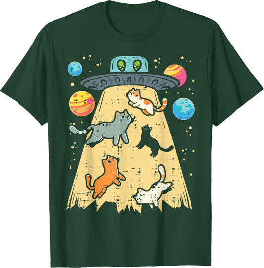 Alien Abduction Cats UFO Flying Saucer Space Women Girls Kid T-Shirt - T-Shirt | Forest