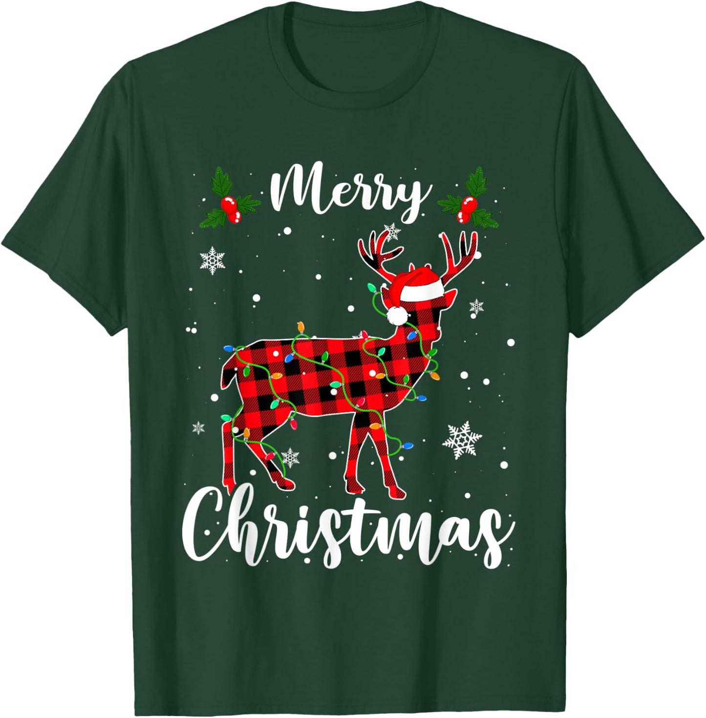 Deer Merry Christmas Animals Buffalo Red Plaid T-Shirt - T-Shirt | Forest