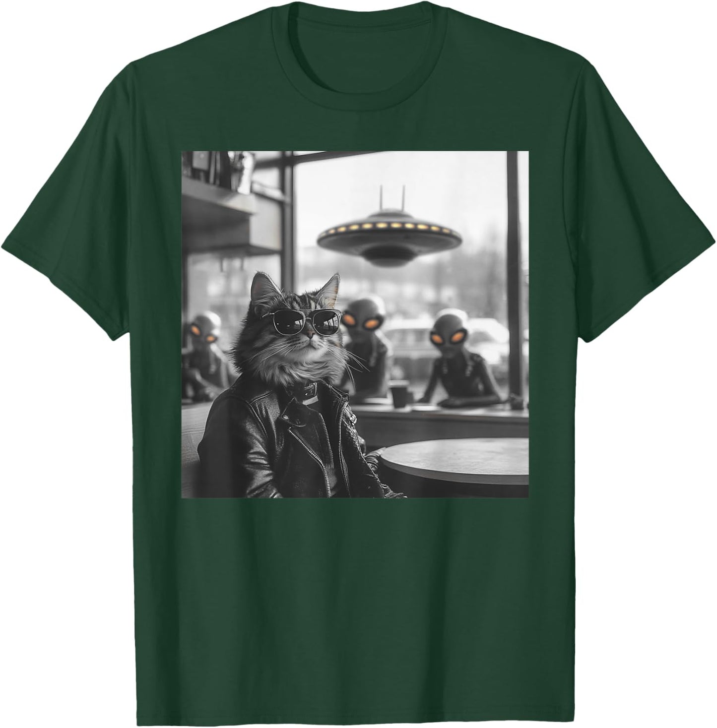 Cat in a Coffee Shop with Aliens and UFO T-Shirt - T-Shirt | Forest