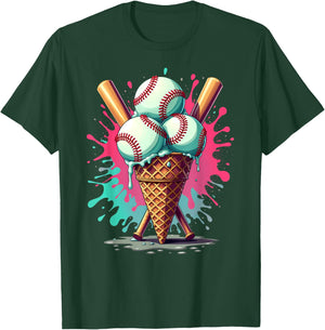 Baseball Ice Cream Watercolor Sports Lover Ice Cream Cone T-Shirt - T-Shirt | Forest