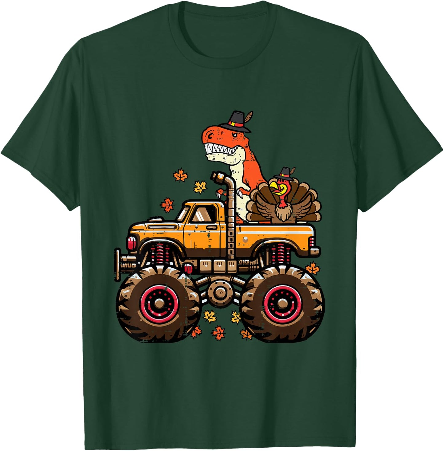 Kids Thanksgiving Dino Monster Truck Trex Fall Boys Kids Toddler T-Shirt - T-Shirt | Forest