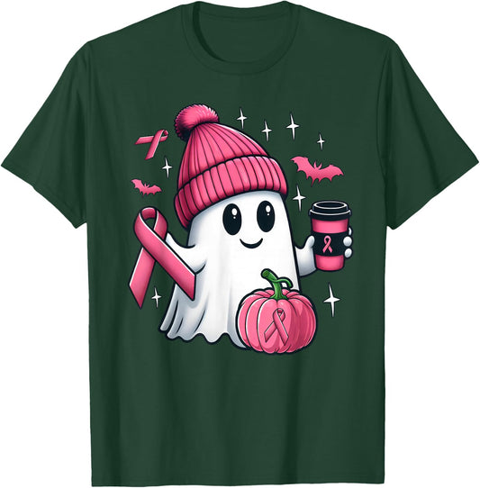 Cute Ghost Drinking Coffee Halloween Breast Cancer Awareness T-Shirt - T-Shirt | Forest