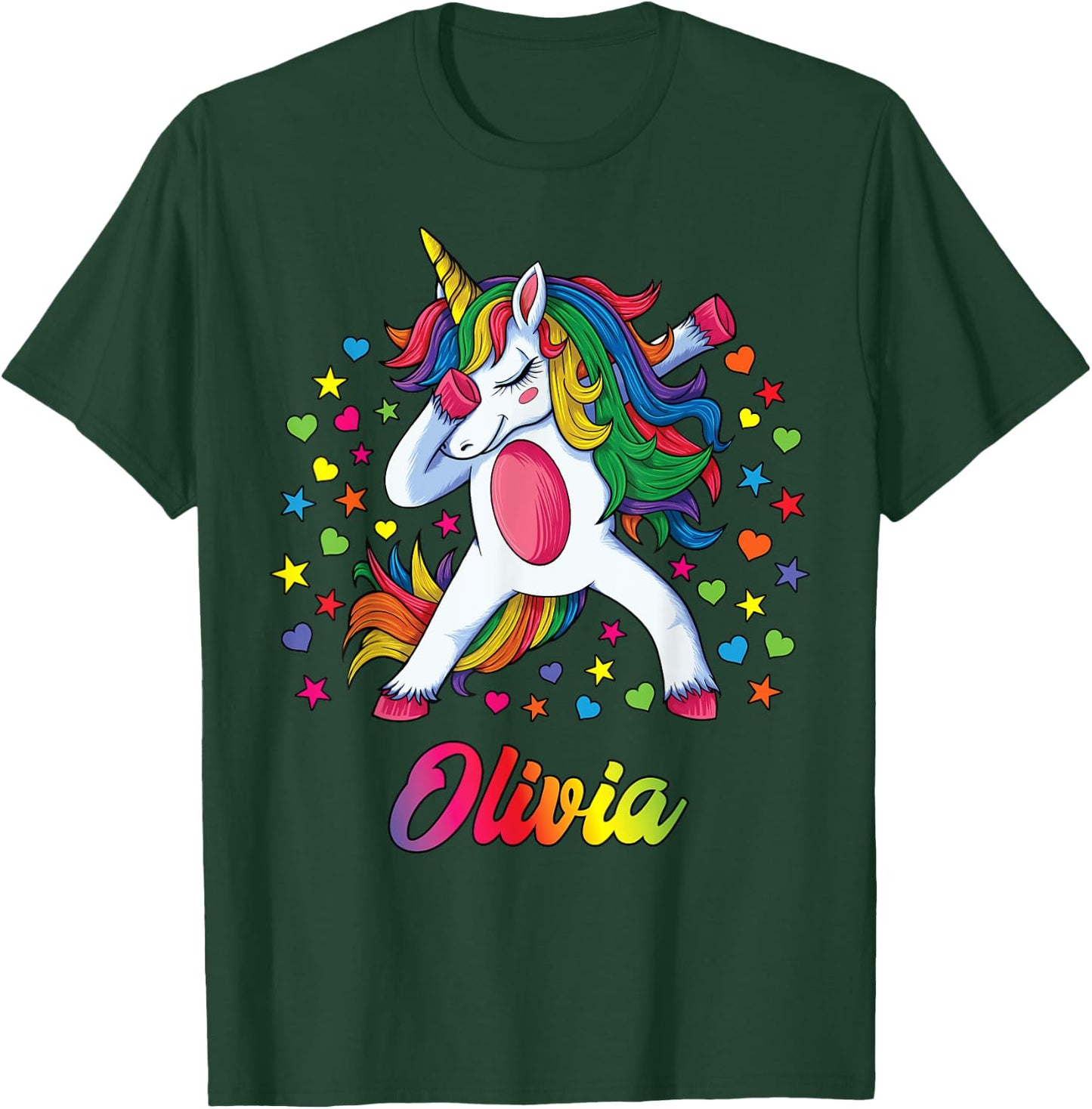 Olivia Dabbing Unicorn Rainbow Personalized Name Custom T-Shirt - T-Shirt | Forest