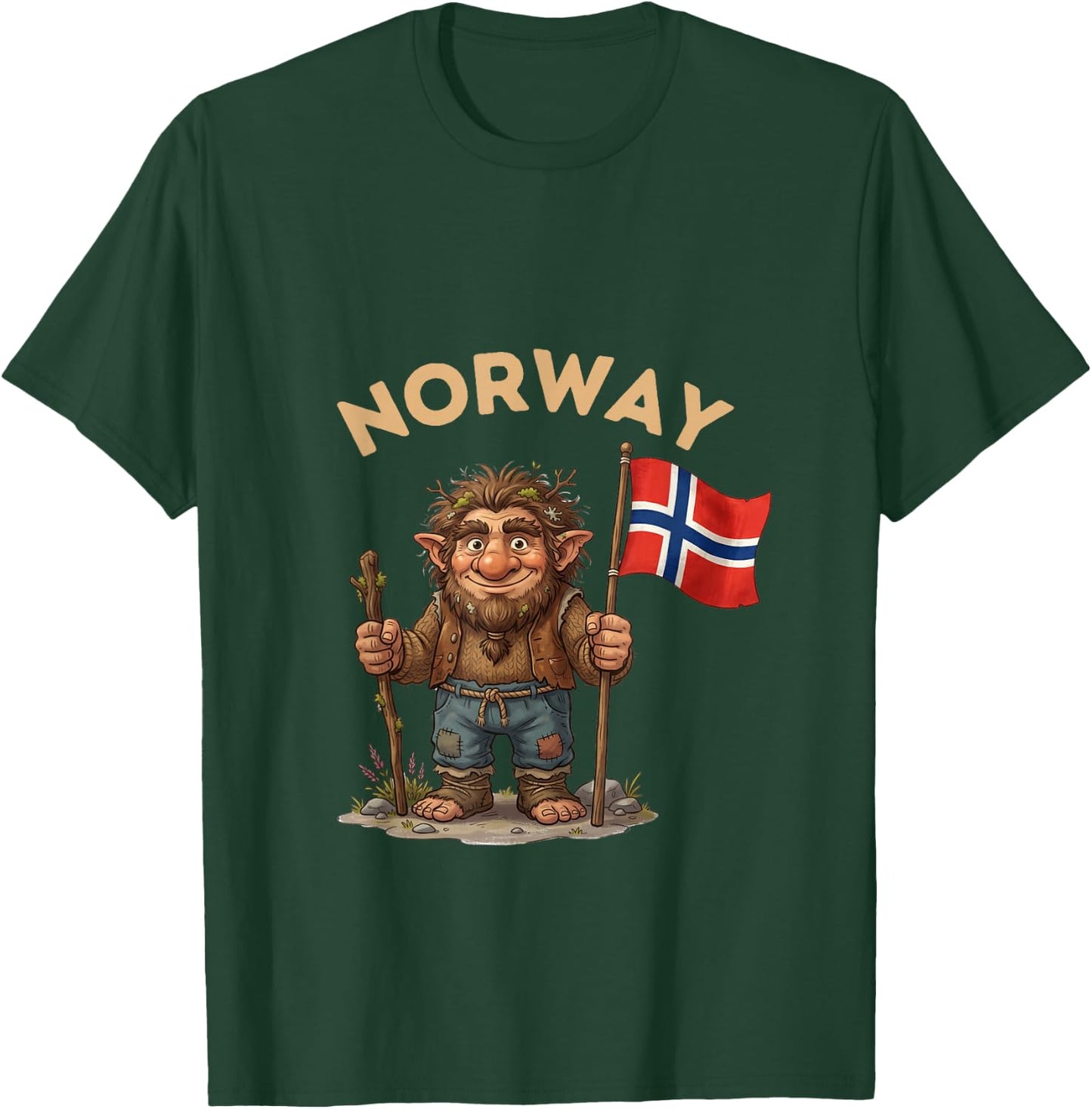 Vintage Norwegian Troll with Flag | Retro Norway Souvenir T-Shirt - T-Shirt | Forest