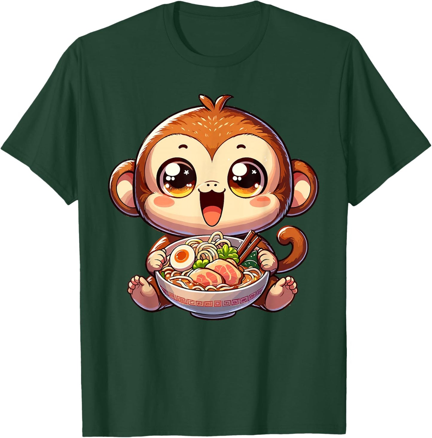 Cute Youth Monkey Kawaii Eating Ramen Japanese Food T-Shirt - T-Shirt | Forest