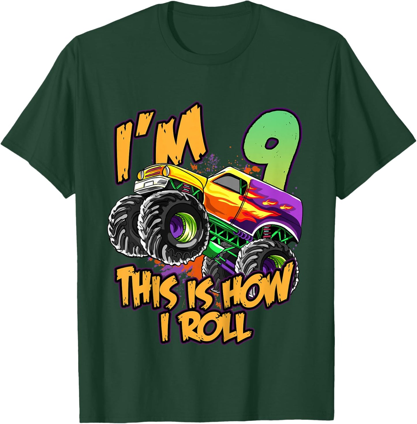 Kids 9th Birthday Boys Monster Truck 9 Year Old Race Car Party T-Shirt - T-Shirt | Forest