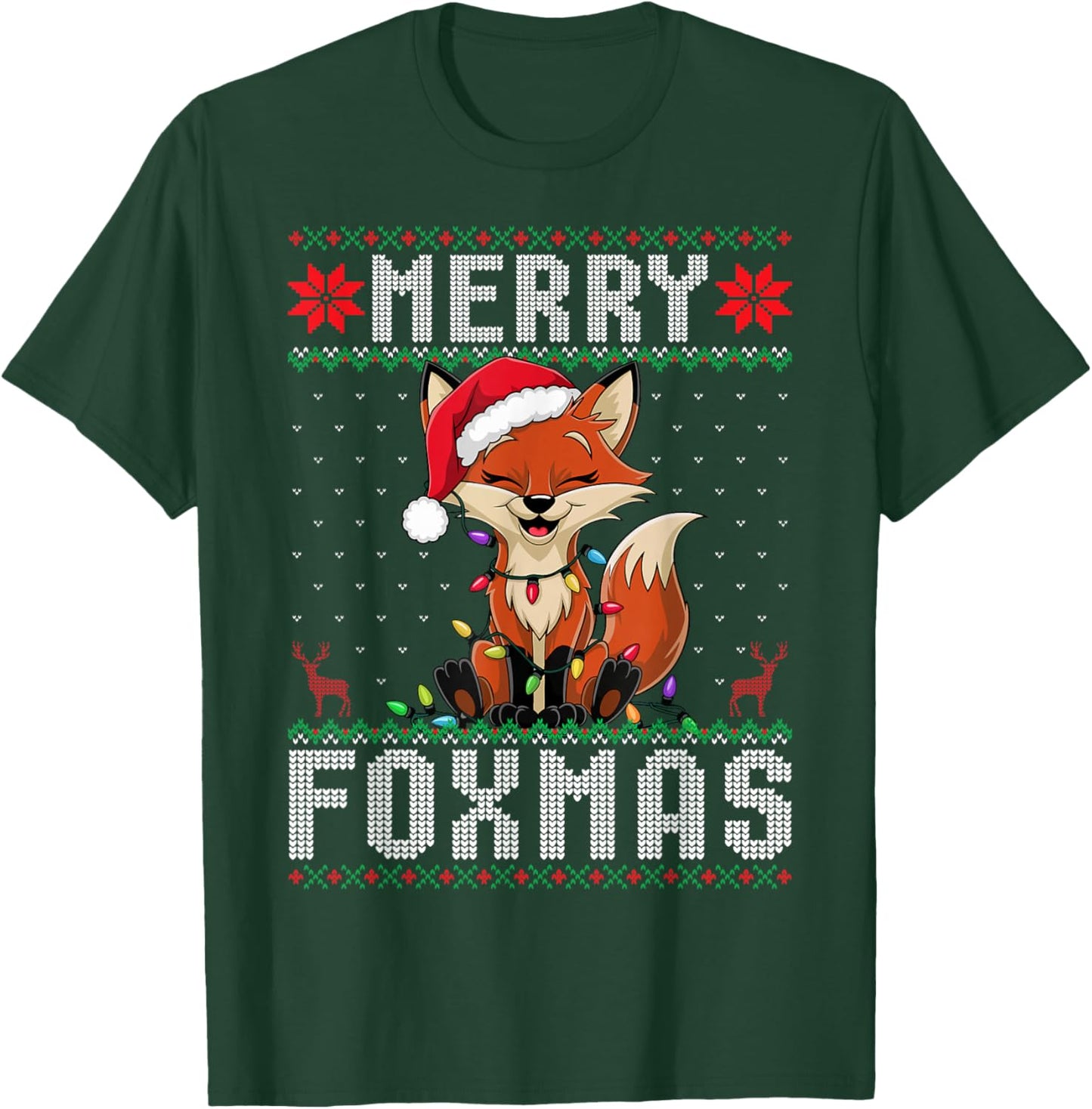 Merry Foxmas Fox Tree Lights Santa Hat Xmas Ugly Christmas T-Shirt - T-Shirt | Forest