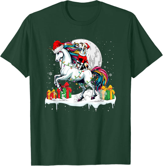 Santa Whippet Riding Unicorn Christmas Owner Kids Family T-Shirt - T-Shirt | Forest