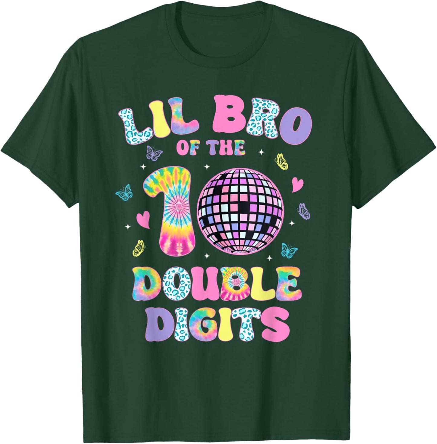 Lil Bro Of The Double Digits 10 Year Old Birthday Girl Retro T-Shirt - T-Shirt | Forest