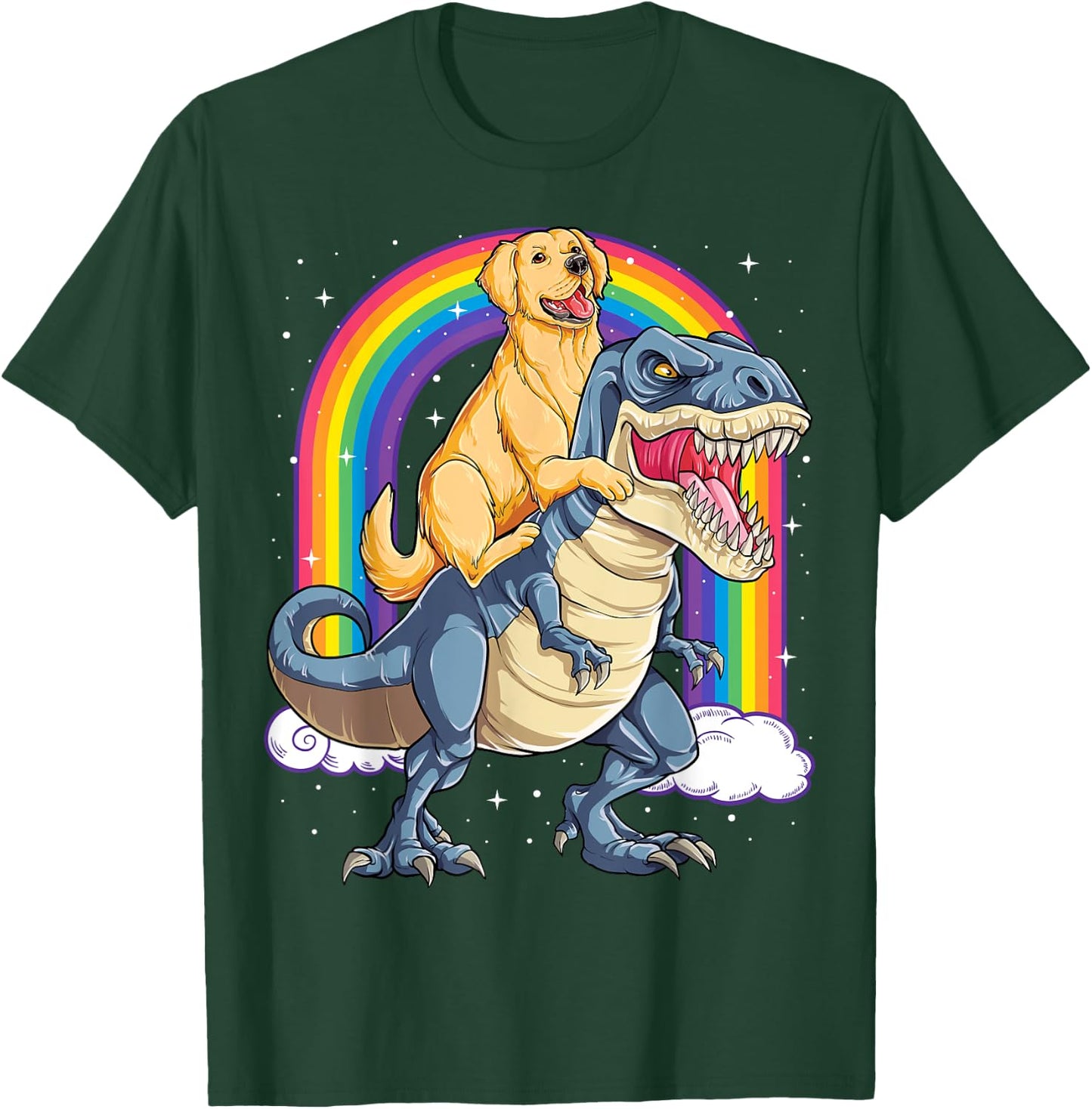Golden Retriever Riding Dinosaur T-rex Gifts Boys Rainbow T-Shirt - T-Shirt | Forest