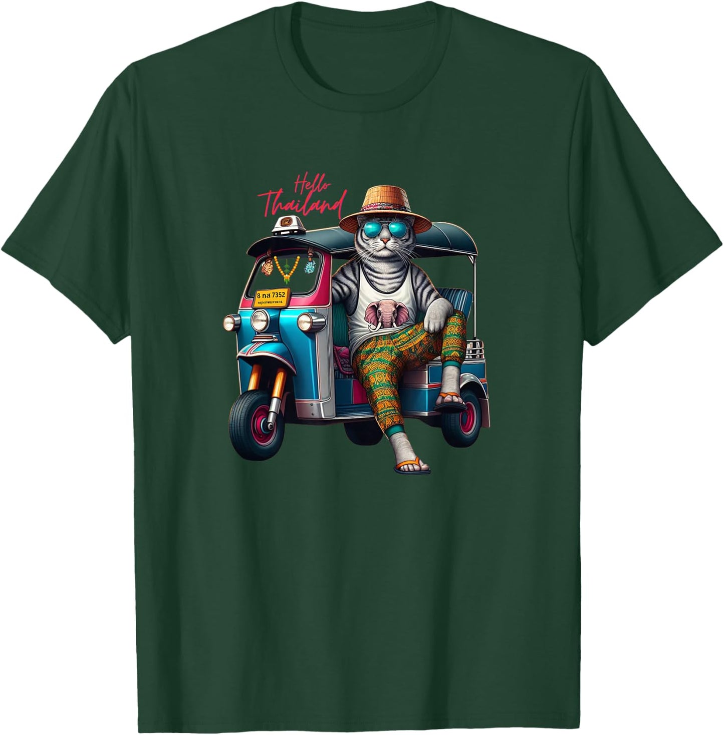 Hello Thailand Cool cat wear elephant Pants on Thai TukTuk T-Shirt - T-Shirt | Forest