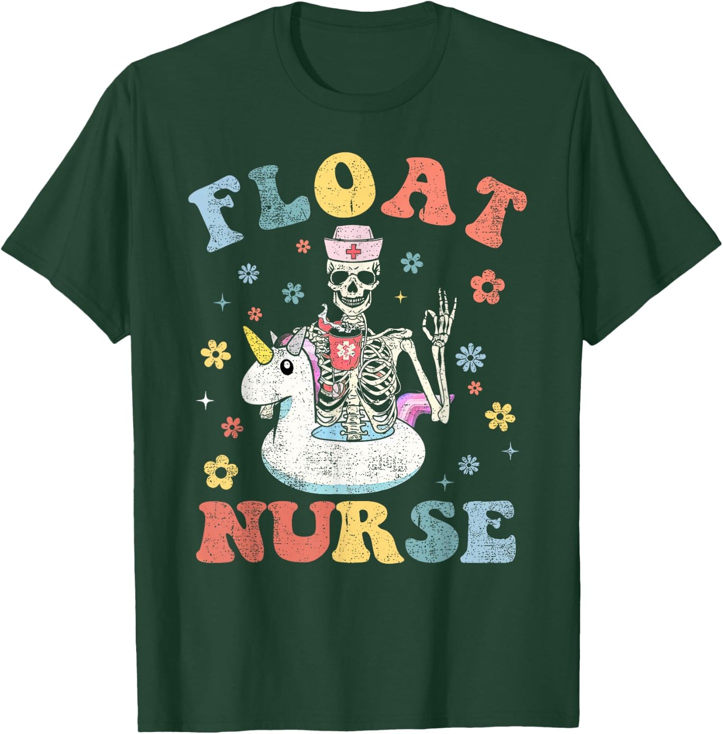 Skeleton Float Pool ICU Med Surg Nurse Week Appreciation T-Shirt - T-Shirt | Forest