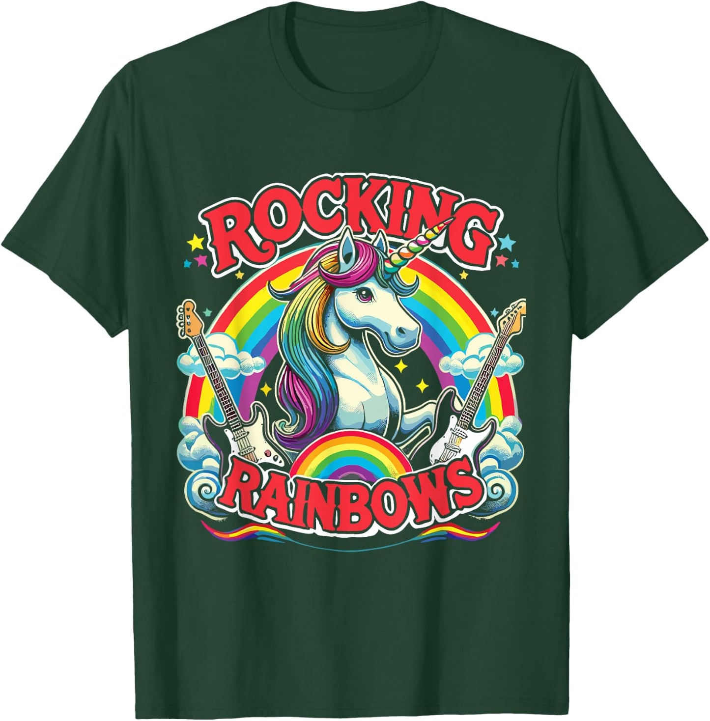 Rock Star Rock And Roll Rocking Rainbows Unicorn Guitar T-Shirt - T-Shirt | Forest