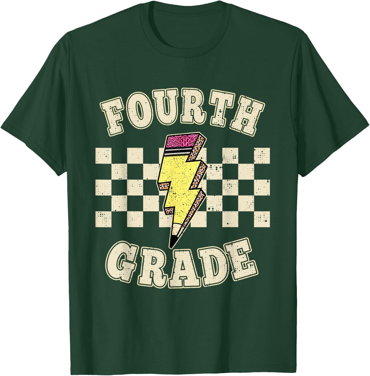 Retro 4th Fourth Grade Teacher Lightning Bolt Pencil Teacher T-Shirt - T-Shirt | Forest
