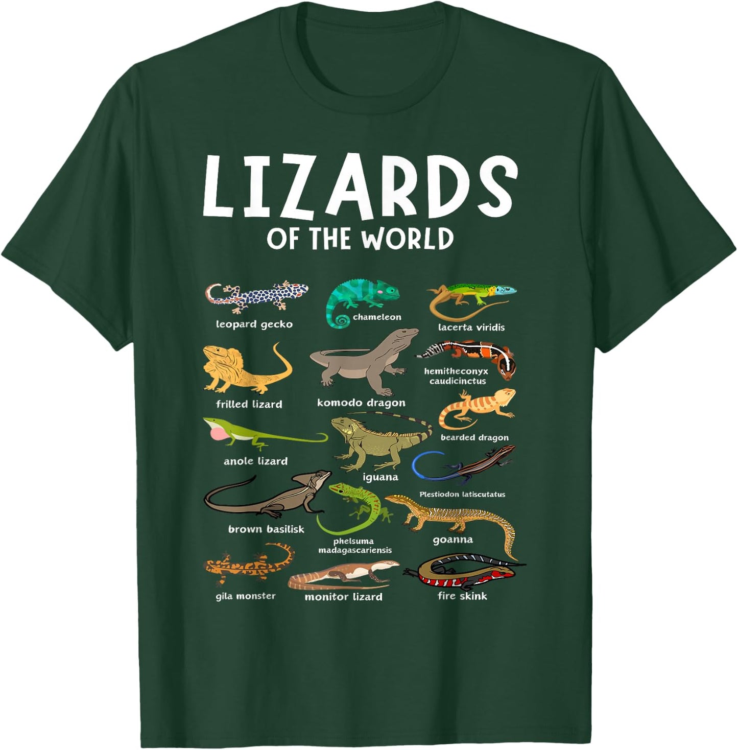 Types of Lizards of the World Reptile Herpetology Lizard T-Shirt - T-Shirt | Forest