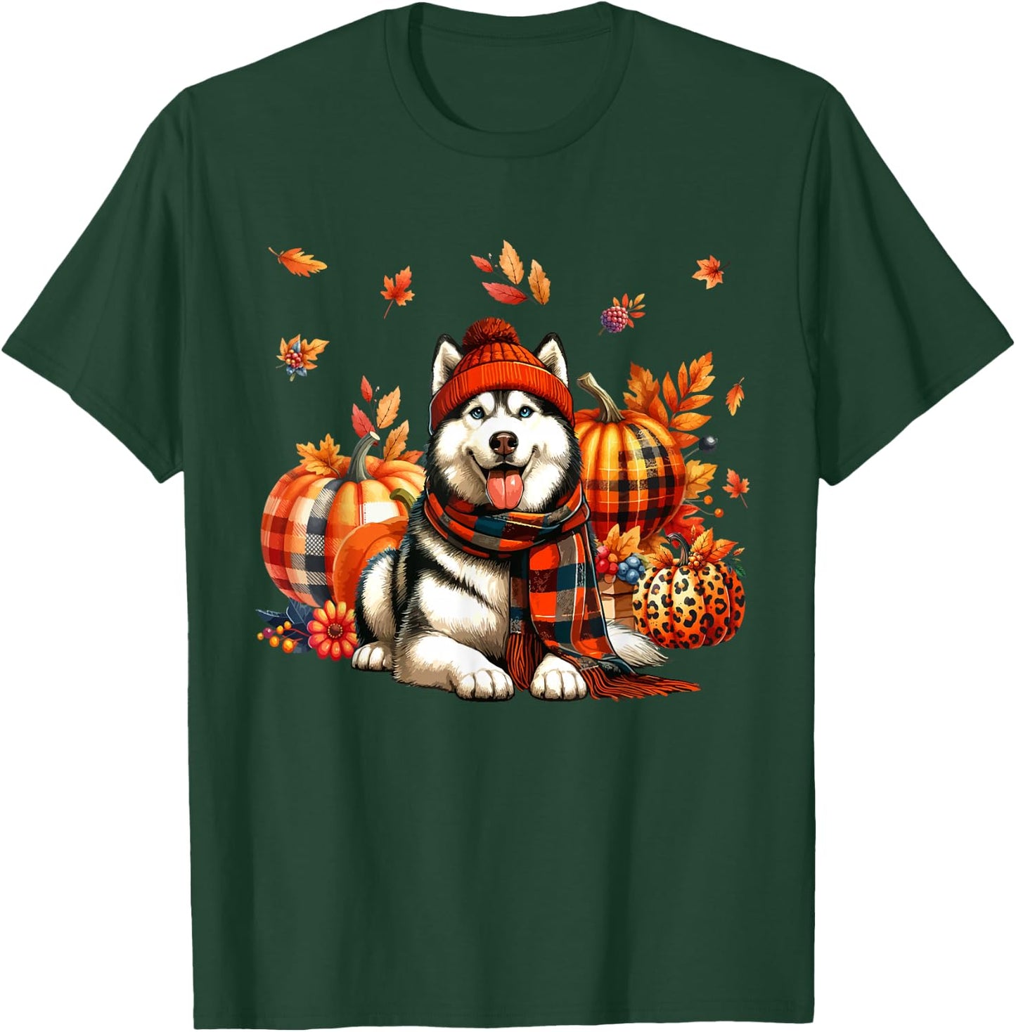 Husky Thanksgiving Leopard Pumpkins Fall Leaves Lover T-Shirt - T-Shirt | Forest