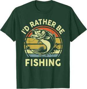 Fishing-Shirt I'd Rather Be Fishing Bass Dad Funny Graphic T-Shirt - T-Shirt | Forest