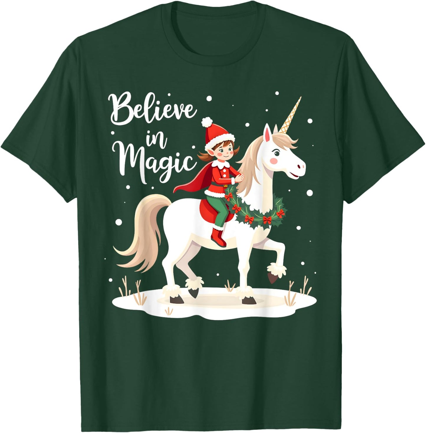 Believe in Magic Christmas Elf Riding Festive Unicorn T-Shirt - T-Shirt | Forest