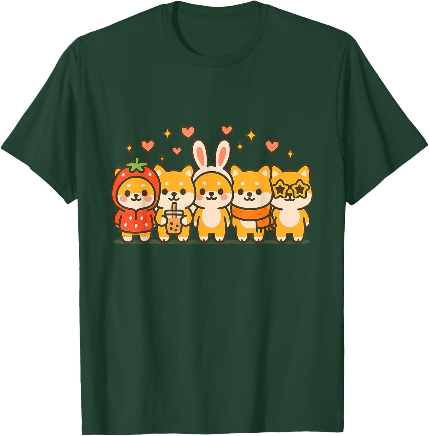 Kawaii Shiba Inu Squad Cute Strawberry Bunny Boba Dog Art T-Shirt - T-Shirt | Forest