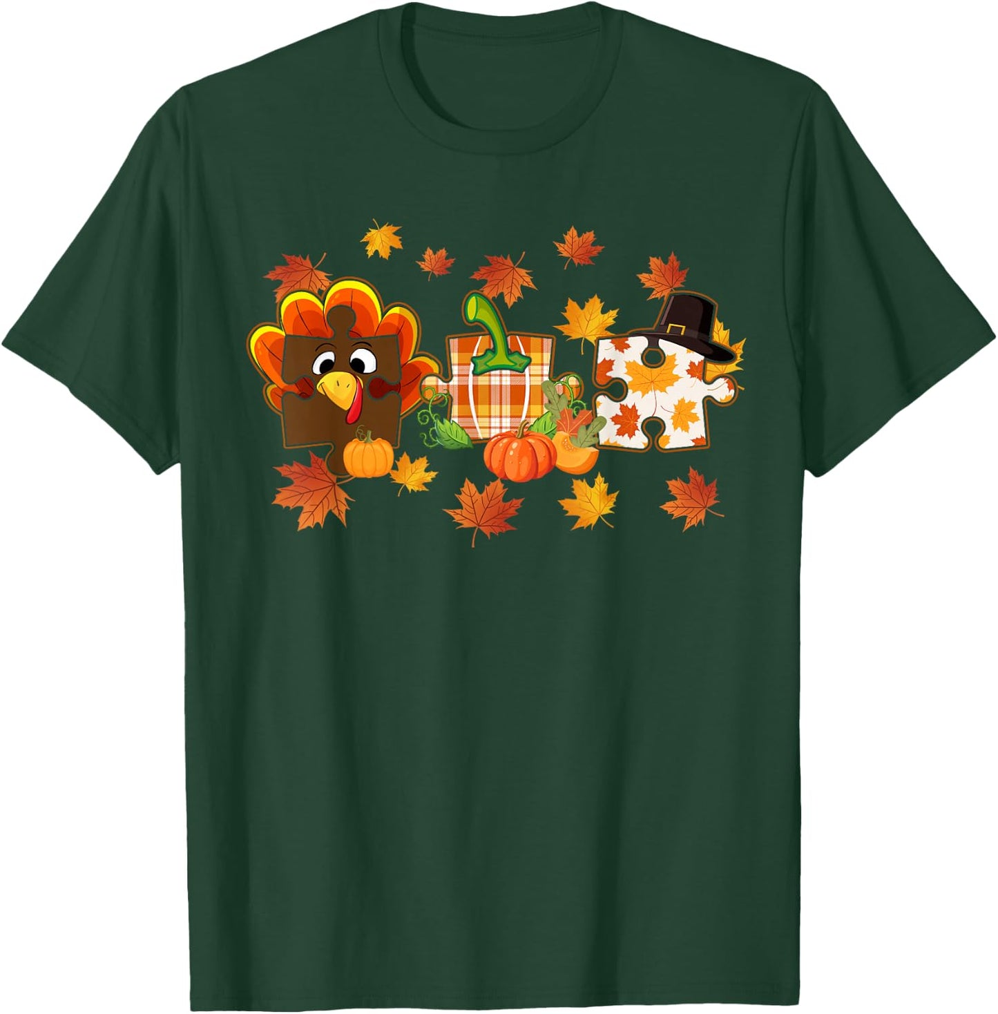 Cute Turkey Autism Awareness Puzzle Pumpkin for Thanksgiving T-Shirt - T-Shirt | Forest