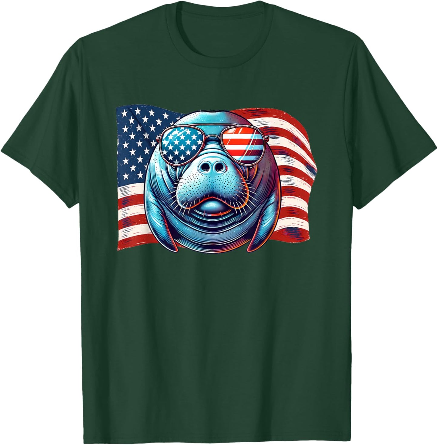 Manatee Sea Animals USA Flag Patriotic Sunglasses Americans T-Shirt - T-Shirt | Forest