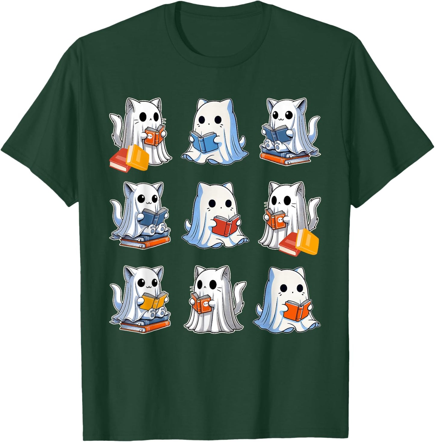 Funny Cats Reading Halloween Cute Cats Ghosts Reading Books T-Shirt - T-Shirt | Forest