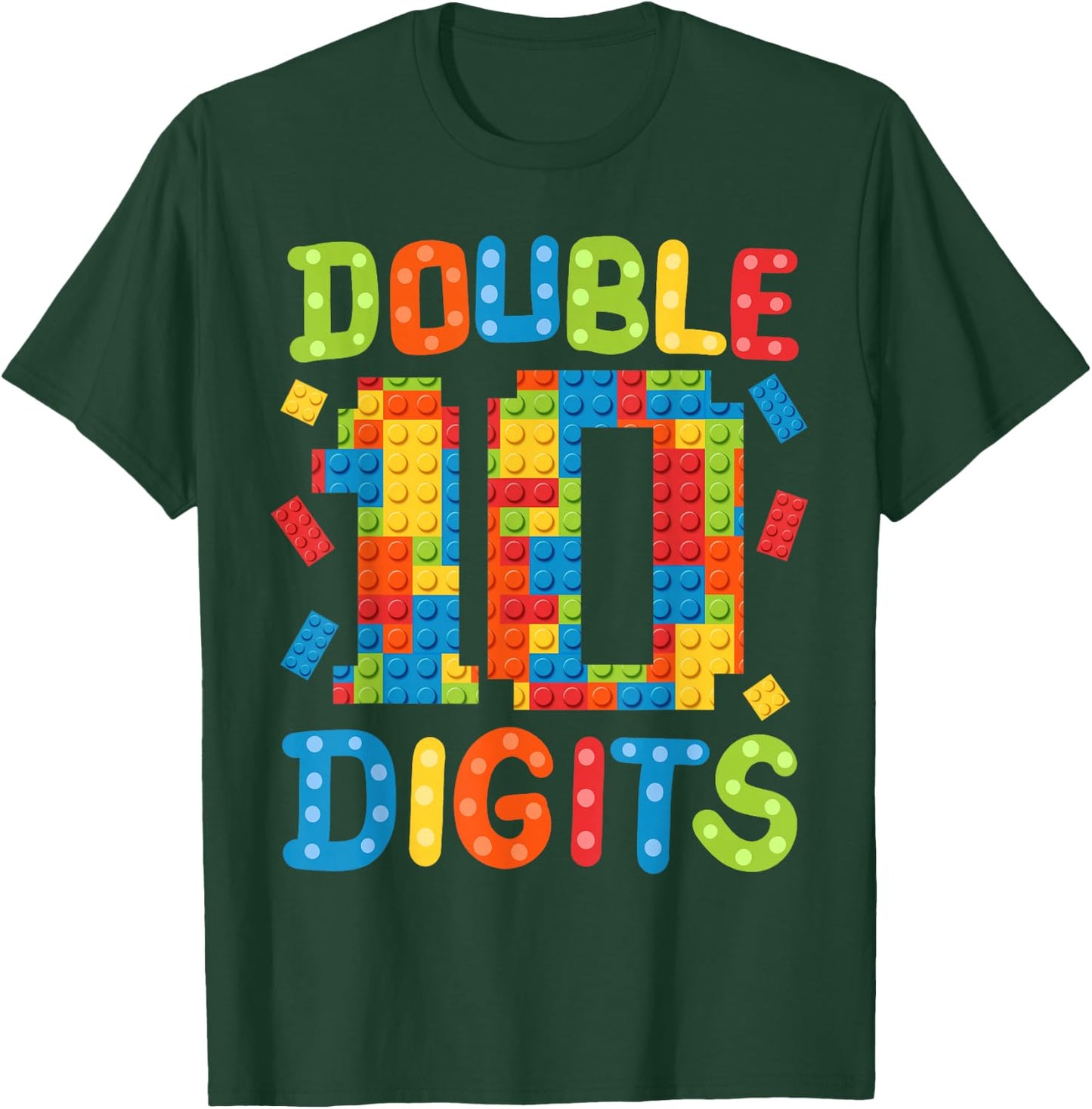 10th Birthday Double Digits Building Blocks 10 Years Old Kid T-Shirt - T-Shirt | Forest