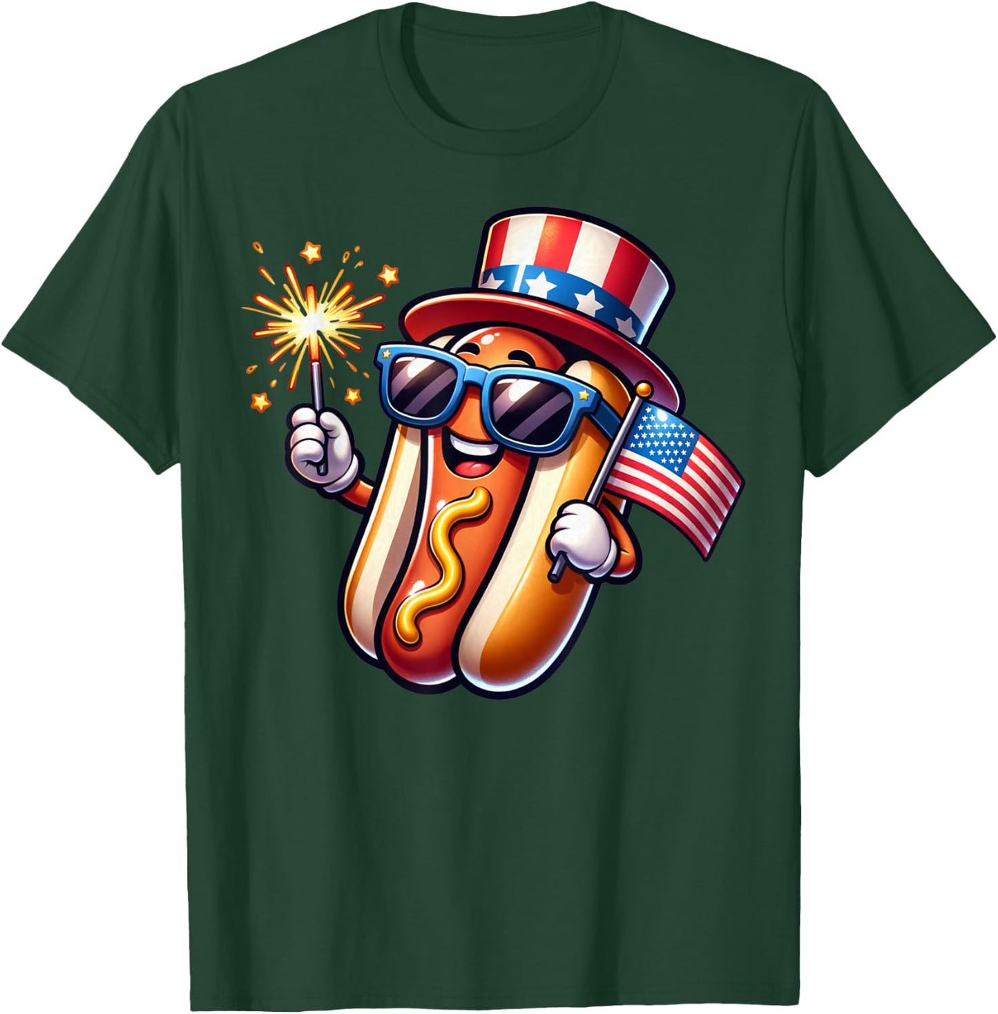 4th of July Sparkler Hotdog Funny Patriotic Flag T-Shirt - T-Shirt | Forest