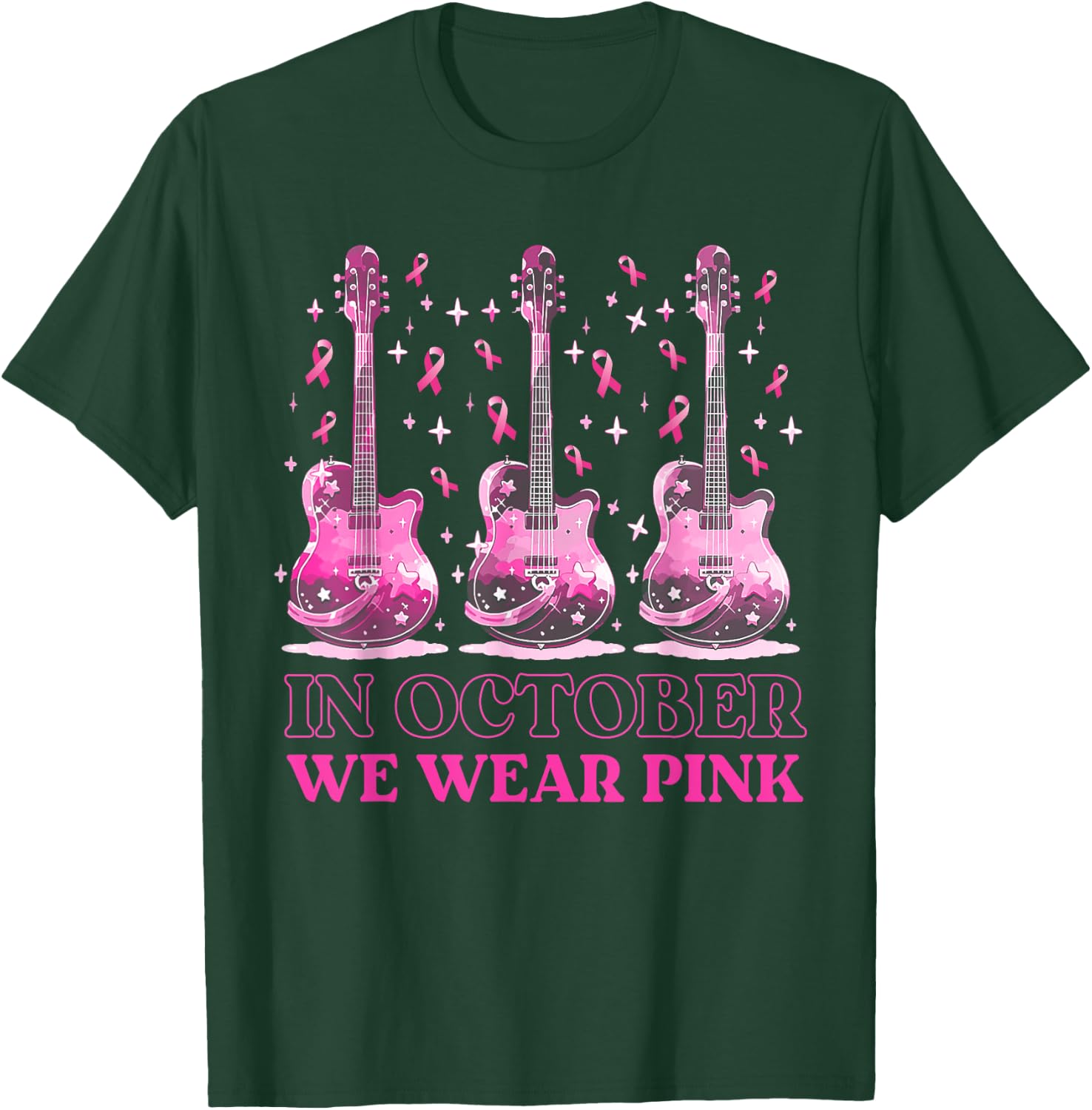 In October We Wear Pink Ribbon Guitar For Breast Cancer T-Shirt - T-Shirt | Forest