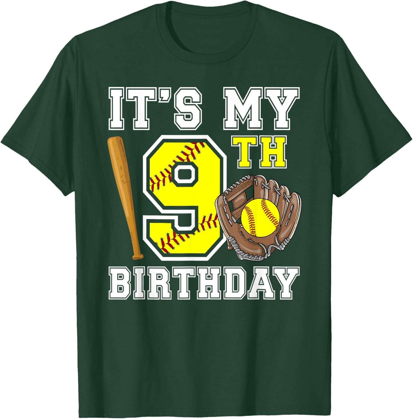 9th Birthday Softball Girl 9 Year Old Softball Player T-Shirt - T-Shirt | Forest