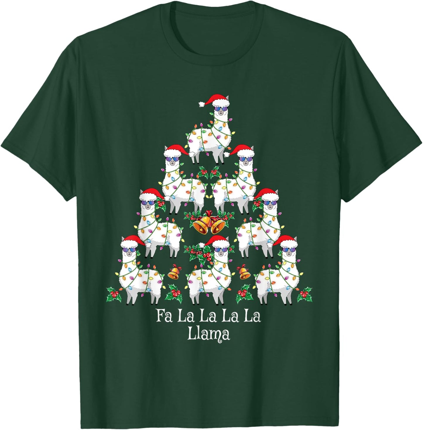 Fa La La Llama Kids Funny Christmas Tree Lights Llama Xmas T-Shirt - T-Shirt | Forest