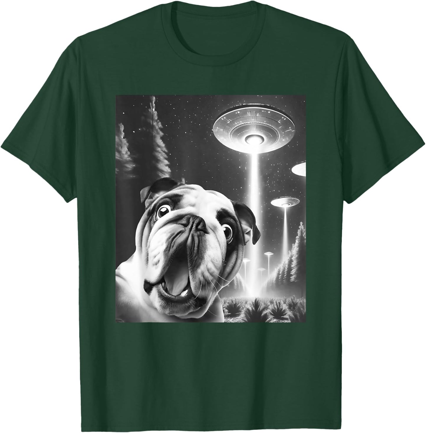 Funny English Bulldog Alien UFO Taking a Selfie Dog Mom Dad T-Shirt - T-Shirt | Forest
