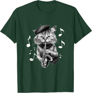 Cool Jazz Cat Playing Saxophone Cartoon Art Women T-Shirt - T-Shirt | Forest