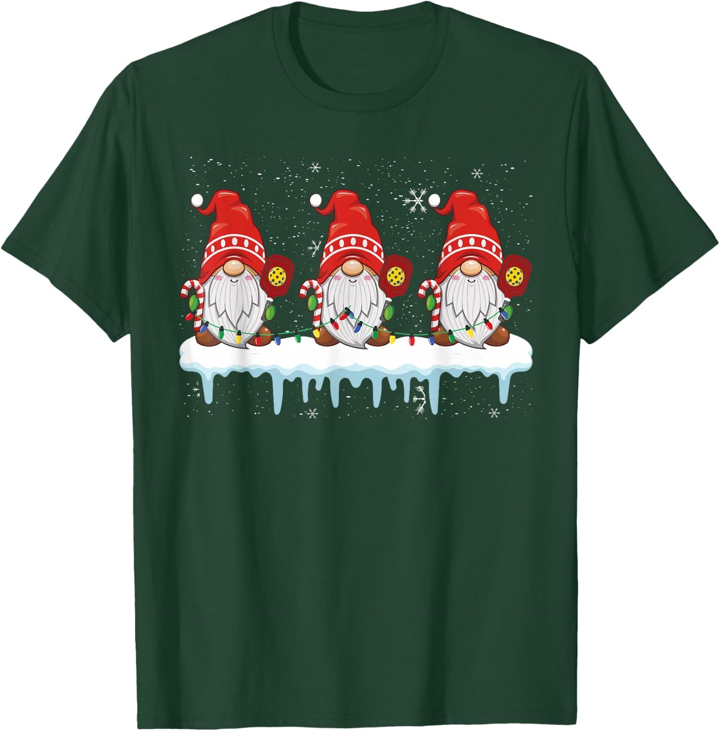 3 Christmas Gnome With Pickleball Christmas Lights T-Shirt - T-Shirt | Forest