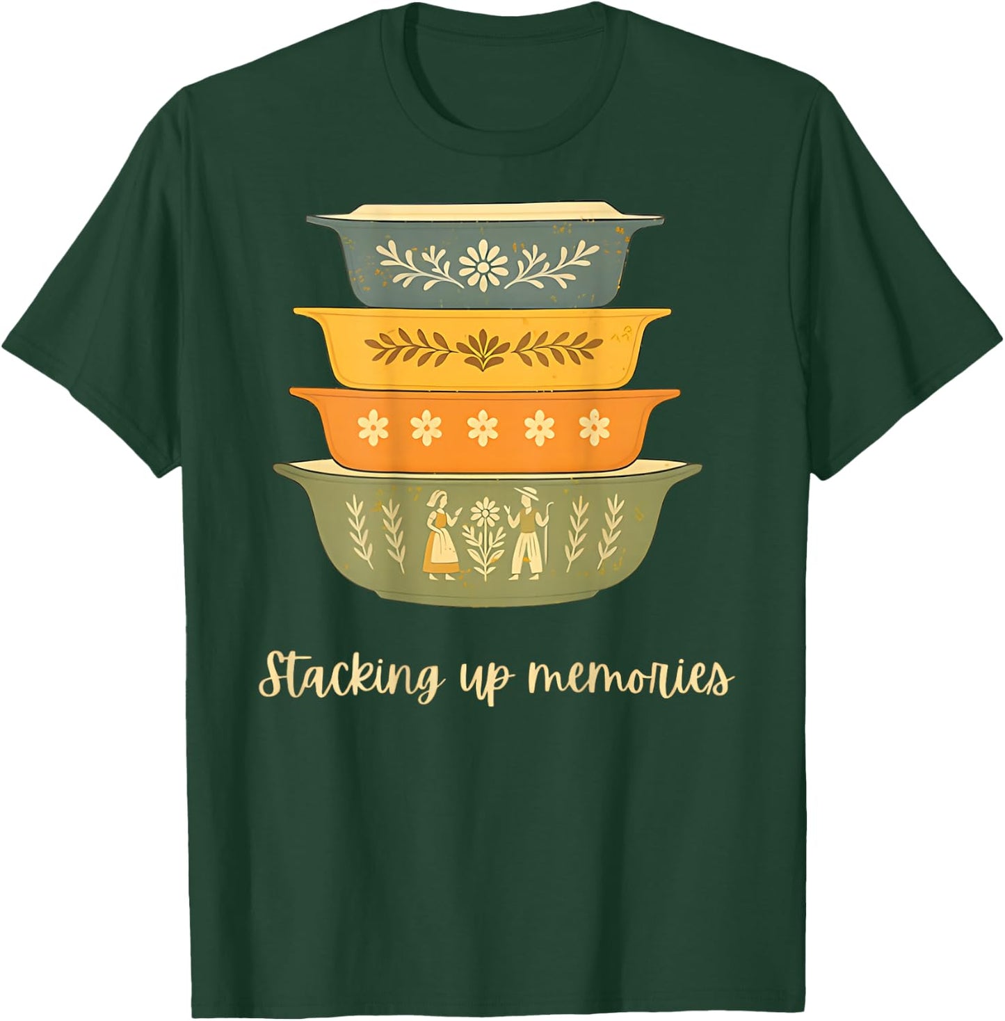Stacking Up Memories Vintage Retro Bowls - On Back T-Shirt - T-Shirt | Forest