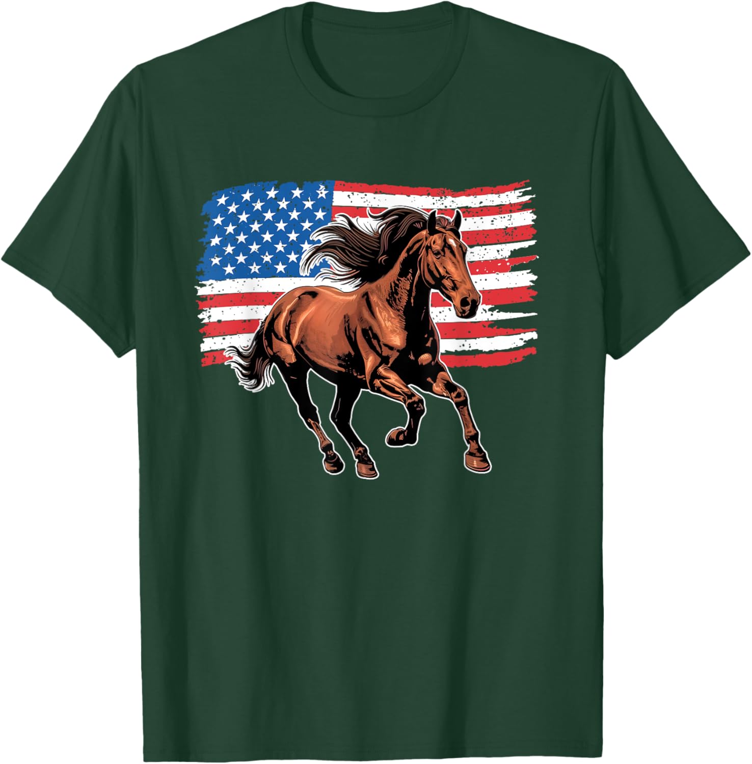 Horse American Flag 4th Of July Patriotic USA Western Horses T-Shirt - T-Shirt | Forest