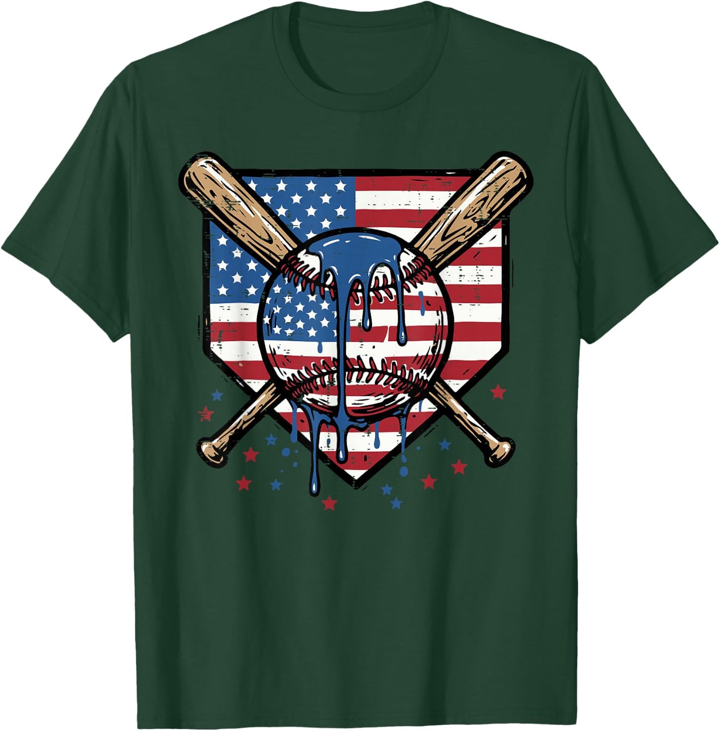 Baseball Ball Bats Homeplate Flag 4th of July Men Boys Kids T-Shirt - T-Shirt | Forest