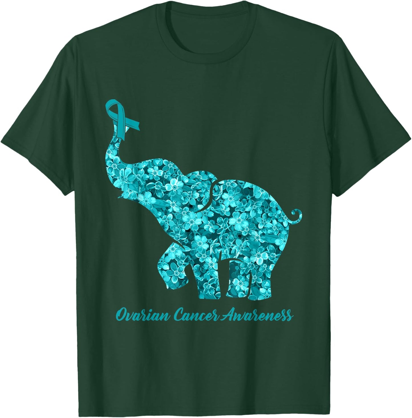 Flower Elephant Teal Ribbon Ovarian Cancer Awareness T-Shirt - T-Shirt | Forest