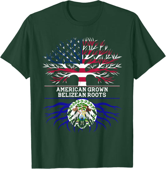 American Grown Belizean Roots Belize USA Flag T-Shirt - T-Shirt | Forest
